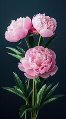 Three pink peonies against dark background