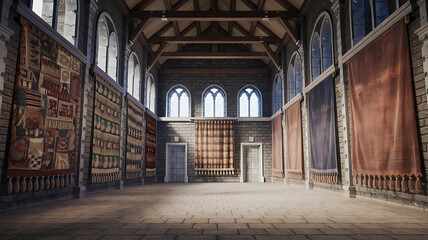 Medieval hall with tapestries and arched windows