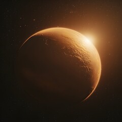 Fototapeta premium A stunning sunrise illuminates the rusty Martian landscape showcasing the planet's rugged terrain and desolate beauty in space.