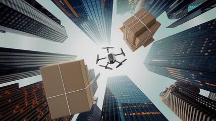 Drone delivery service in a modern cityscape Urban package delivery