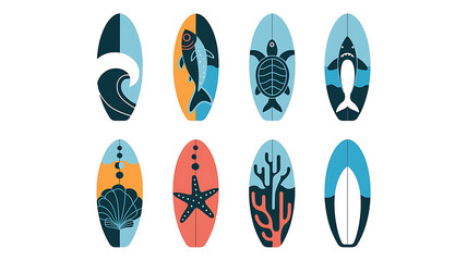 Surfboard designs featuring ocean creatures.
