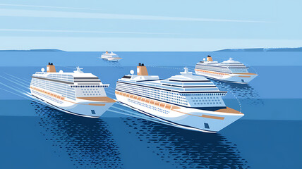 Cruise ships sail across a vast blue ocean.
