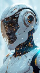 Futuristic robot head, close-up,  in a  futuristic space environment
