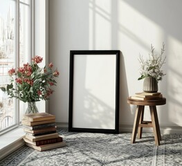Blank frame mockup in sunlit room corner with flowers, books, and stool.