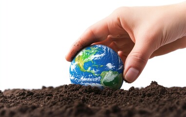 Hand Planting Small Blue Earth on Soil, Isolated on White Background, Green Continents, Open Palm Symbolizing Growth and Care for Nature, Environmental Message, Eco-Friendly Concept