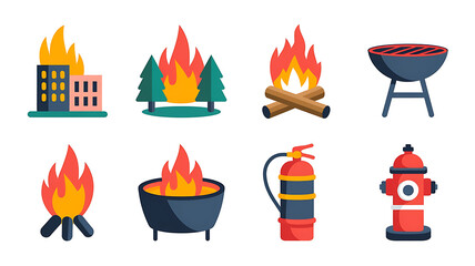 Icons depicting various fire scenarios, from building fires to campfires and a fire hydrant.
