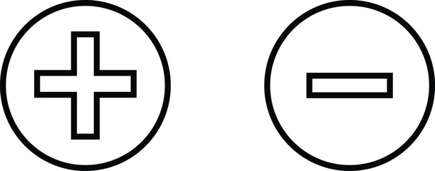Add and remove round button icons. Plus and minus circular symbols for UI design, vector illustration.