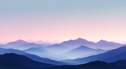 Layered mountain ranges are depicted during a tranquil sunset or sunrise