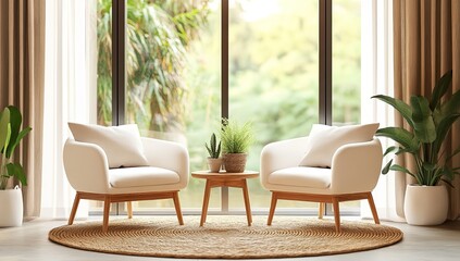 Tranquil modern living room with large window views