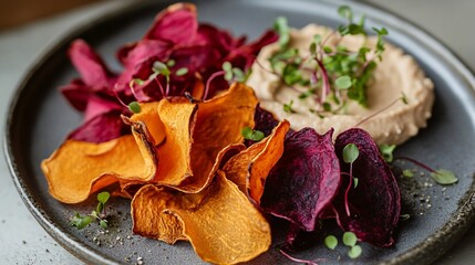 A plate of dehydrated carrots and beet chips, artistically plated with a side of hummus dip and microgreens