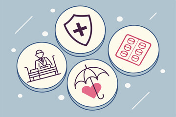 52 Healthcare icons, medical symbols, wooden circular tokens, blue background, minimalist design, healthcare concept, insurance protection, medical services, flat lay composition, centered layout, shi