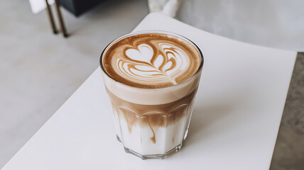 Latte art in a glass, creamy and rich.
