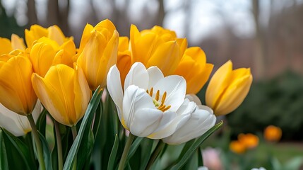 Fototapeta premium Spring action vibrant flower flora in nature colorful tulips blooming in a garden