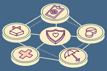 52 Healthcare icons, medical symbols, wooden circular tokens, blue background, minimalist design, healthcare concept, insurance protection, medical services, flat lay composition, centered layout, shi