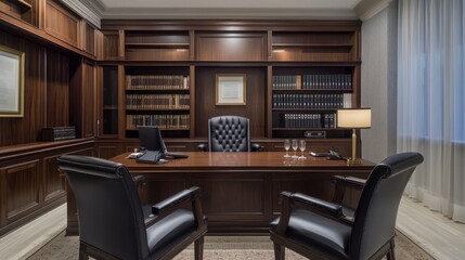 Luxurious wooden office with executive desk and chairs