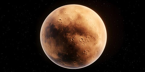A detailed 3D rende of shows its rusty surface, craters, and the dark expanse of space beyond.