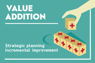 53 Wooden cubes with plus signs, value added concept, hand placing cube, teal background, minimalist design, business growth visualization, progress bar, white text overlay, clean aesthetic, strategic