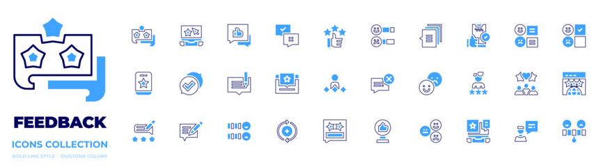 Feedback icon collection. Bold line style. Duotone colors. chat, rating, review, like, feedback, qualitycontrol, customerfeedback, satisfaction, opinion