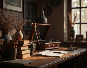 Obraz premium A cozy vintage workspace with records and natural decor