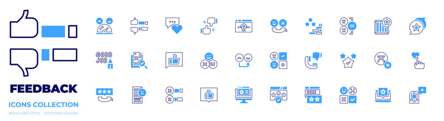 Feedback icon collection. Bold line style. Duotone colors. feedback, phonecall, favorite, like, satisfaction, satisfied, rating, review, qualitycontrol, call