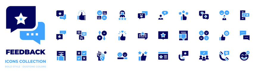 Feedback icon collection. Bold style. Duotone colors. user, feedback, like, disagree, smartphone, review, rating, opinion, chat, employee, unlike, audience