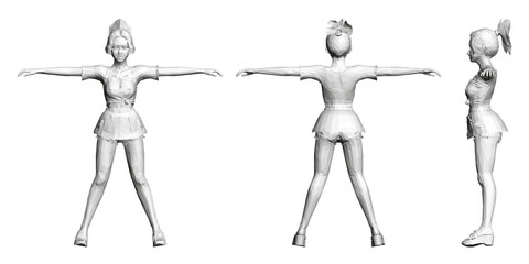 Three different views of a woman in a white outfit. The first is a full body shot, the second is a side view, and the third is a front view. The woman is wearing a white outfit