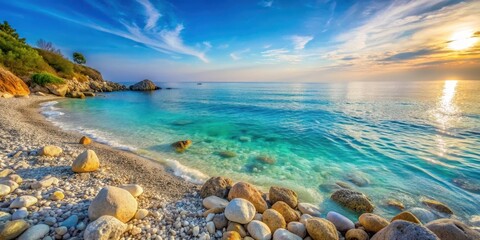 Serene Coastal Scene Tranquil ocean waves gently caress a pebble beach at sunset, creating a picturesque landscape of natural beauty and peaceful atmosphere.