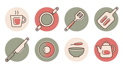 Kitchen utensils icons in circles, various colors.

