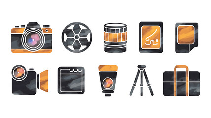 Set of photography equipment icons in gold and black.
