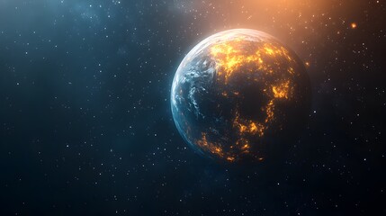 Obraz premium A vibrant Earth-like planet glows with city lights against a deep space backdrop of twinkling stars and cosmic dust.