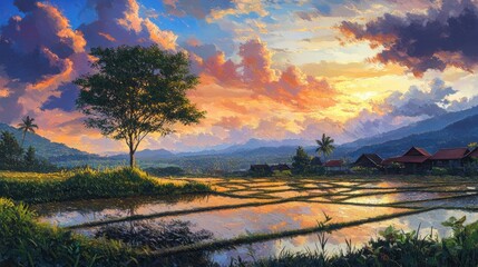 Sunset over rice paddies, village, mountains. Peaceful scenic landscape, postcard