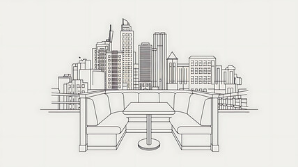 Urban rooftop seating city skyline view minimalist line art