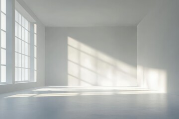 Fototapeta premium Bright room with sunlight streaming through window casting shadows on the wall and floor space
