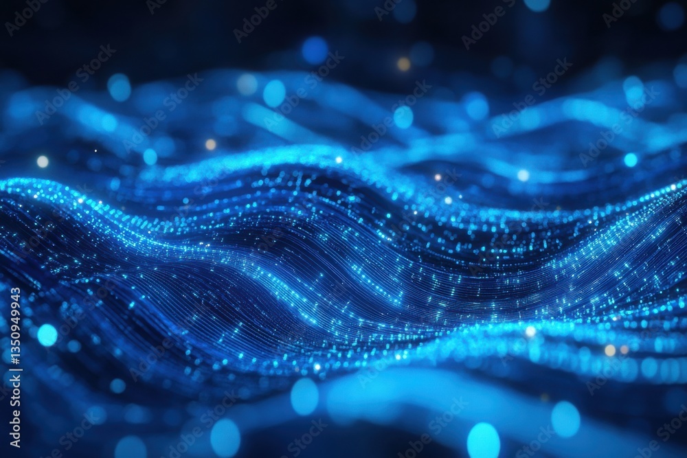 Wall mural abstract blue glowing lines and dots creating a wavy pattern with bokeh effect in the background