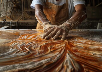 Male artisan shaping flowing patterns on a wooden surface.