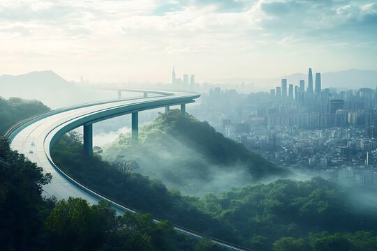 A futuristic highway elevated above a sprawling city, seamlessly blending technology and nature.