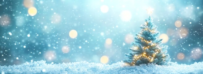 Glowing Christmas Tree on Snowscape with Falling Snow and Bokeh Lights