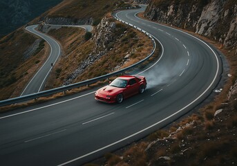 Red Sports Car Drifting on Mountain Road with Scenic Winding Route