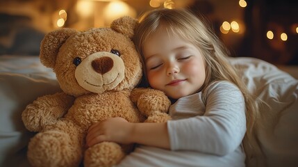 Adorable girl sleeping with teddy bear