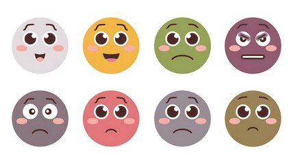 Cute cartoon emoji faces displaying various emotions Different expressions happy sad angry Flat design