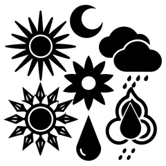 Weather Symbols Vector - Sun, Cloud, Lightning Bolt, Raindrops, Snowflake