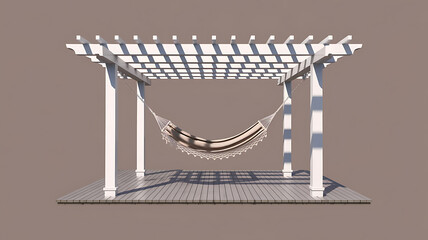 White pergola with hammock, relaxing outdoor space.

