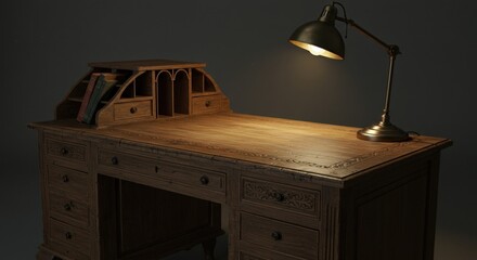 Classic Wooden Office Desk with Vintage Lamp: Perfect for Elegant Home Offices and Traditional Study Spaces.