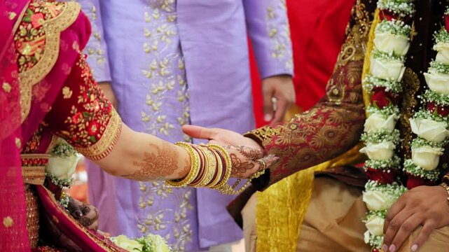 The Indian Hindu Rituals that performed during the holy wedding ceremony. Bride and groom holding each others hands. Close up shot of part of wedding ceremony