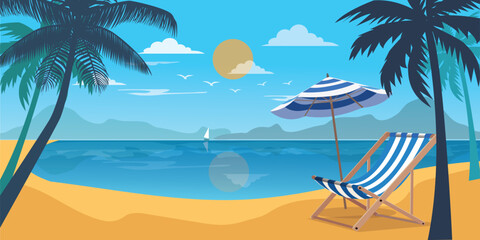  summer background of sea shore. Good sunny day. Deck chair and beach umbrella on the sand coast. holiday concept.illustration flat style