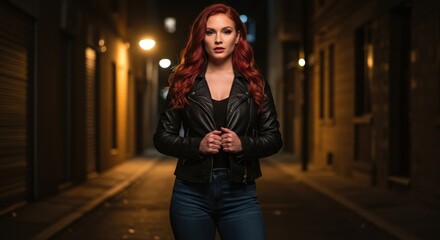 Fototapeta premium Stylish Woman with Red Hair Posing in Dimly Lit Urban Street at Night, Perfect for Fashion and Nightlife Photography.