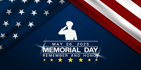 May 26, 2025 is Memorial Day. American flag, human,  star and light. Great for posters, banners, social media and more. Dark blue background.