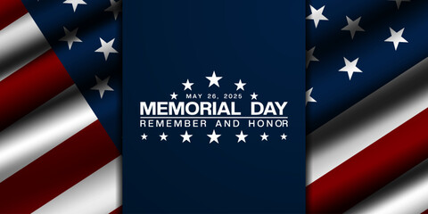 May 26, 2025 is Memorial Day. Great for posters, banners, social media and more. Dark blue background.