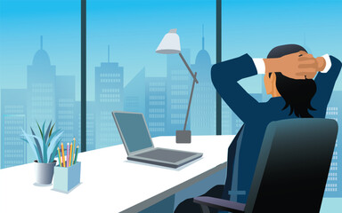 businesswoman stretching relaxing on moment in her office. Satisfied with work done concept. vector
