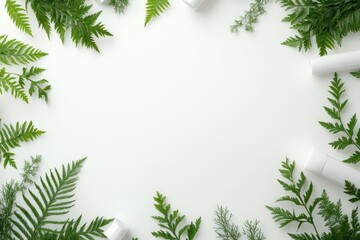 Natural Skincare Products Framed by Greenery on White Surface